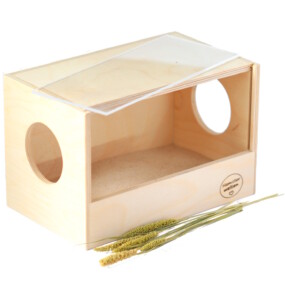 Das Foto zeigt ein Hamsterbadehaus mit offener Plexiglasscheibe