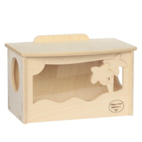 Das Foto zeigt ein geschlossenes Badehaus aus Holz für Hamster im Palmendesign