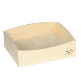 Das Foto zeigt ein Hamstersandbad aus Holz mit Sand