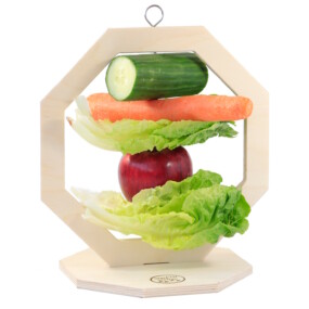 Das Foto zeigt den Snackständer "Picktagon" bestückt mit Karotte, Gurke, Apfel und Salat