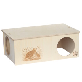 Das Foto zeigt die Familienresidenz Deluxe für Wachteln aus Holz mit Gravur