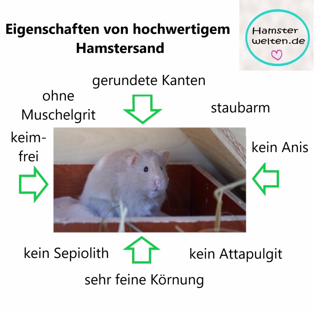 Das Foto zeigt die Eigenschaften, die optimaler Hamstersand haben sollte