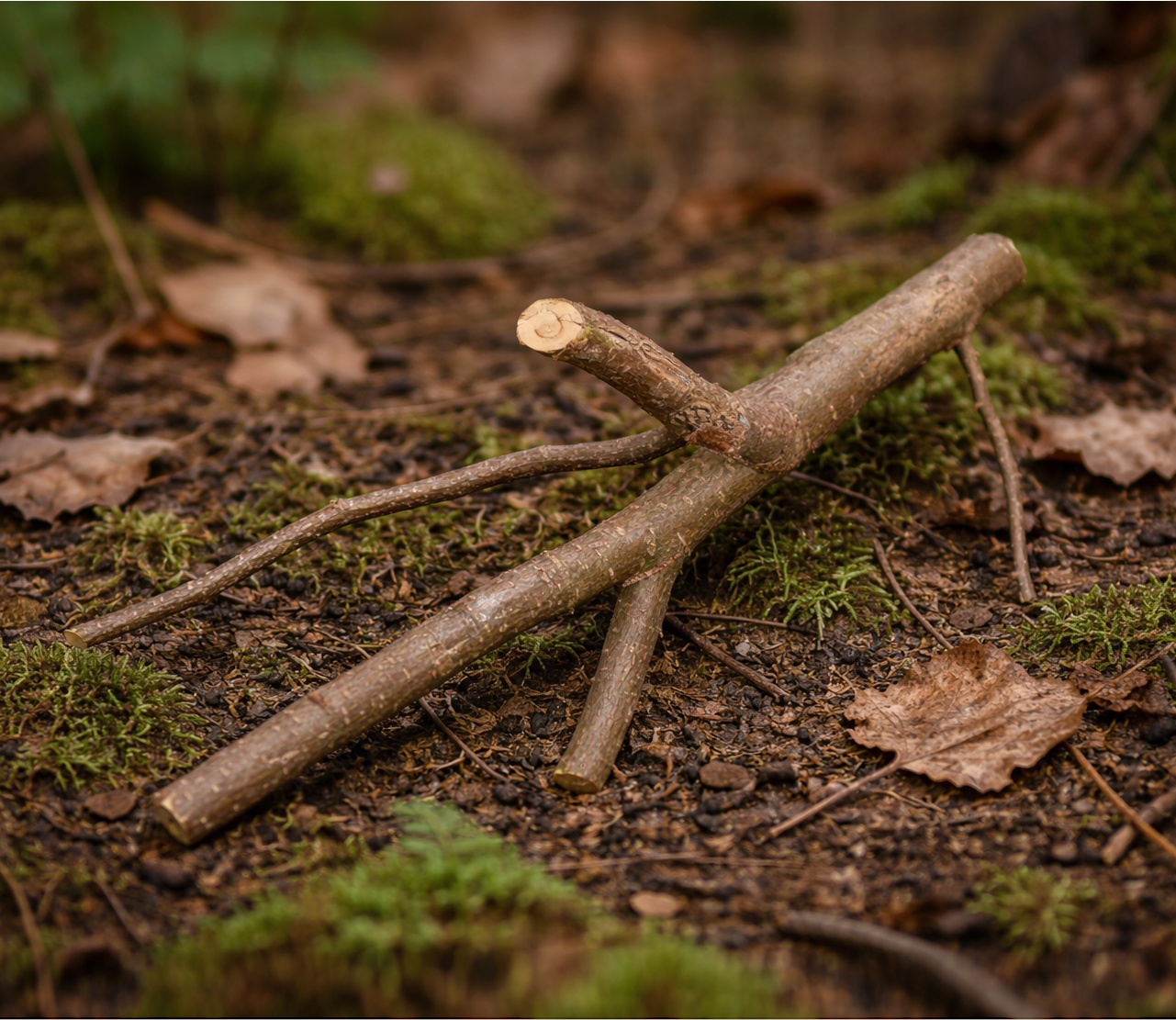 Das Foto zeigt einen verästelten Haselnusszweig auf dem Waldboden