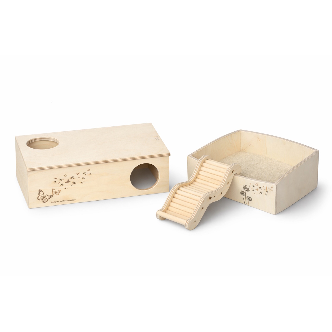 Das Foto zeigt das Mehrkammernhaus Pusteblume, sowie das passende Sandbad mit Hamsterleiter