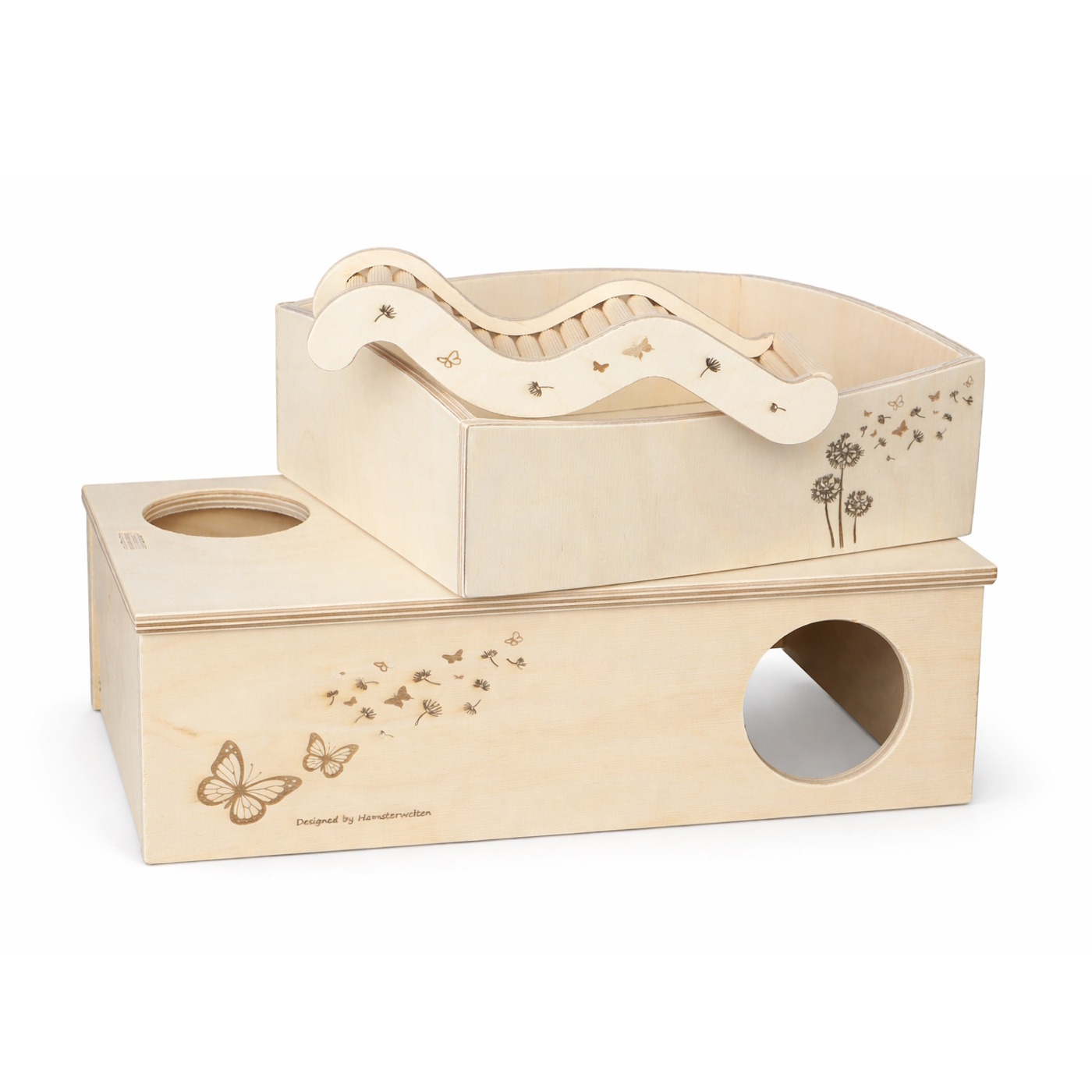 Das Foto zeigt das Hamsterset "Pusteblume, bestehend aus einem Mehrkammernhaus, einem Sandbad und einer Hamsterleiter