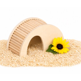 Das Foto zeigt ein halbrundes Hamsterversteck mit halbrundem Eingang