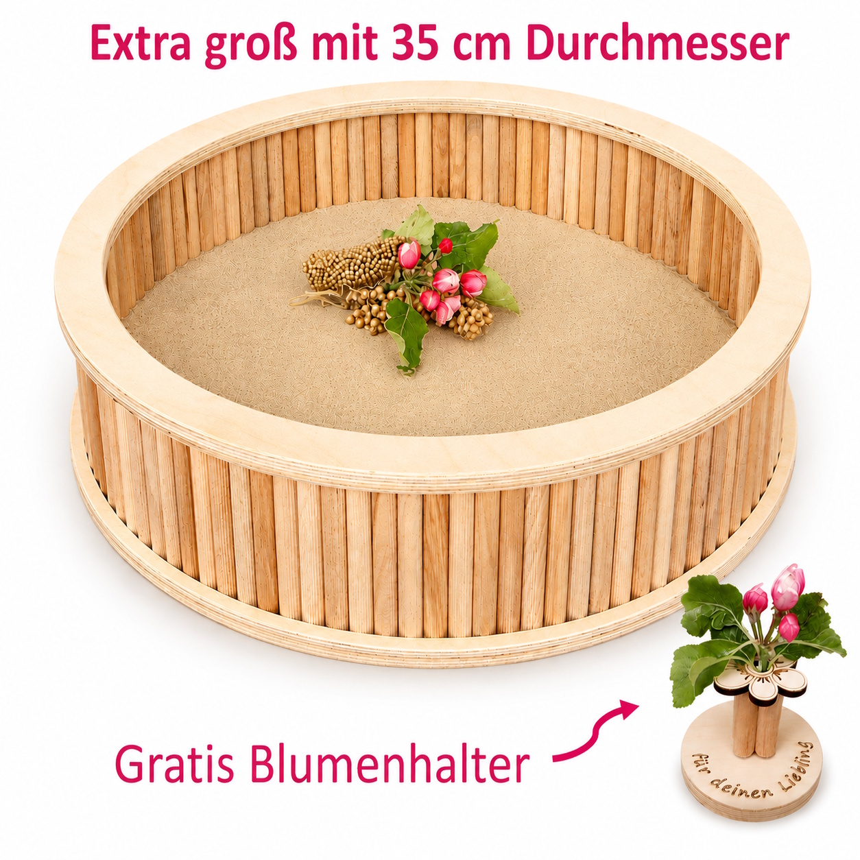 Das Foto zeigt ein großes, rundes Dübelsandbad für Hamster