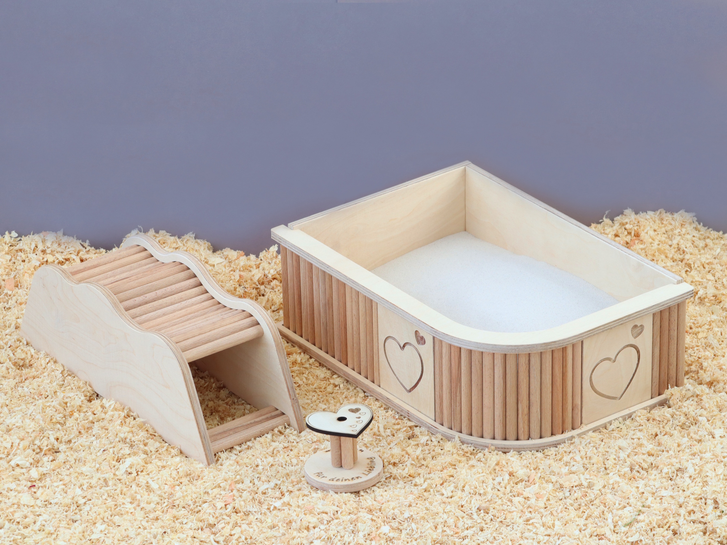 Das Foto zeigt ein Sandbad und einen Hamstertunnel
